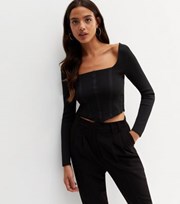 New Look Black Ribbed Knit Long Sleeve Corset Top